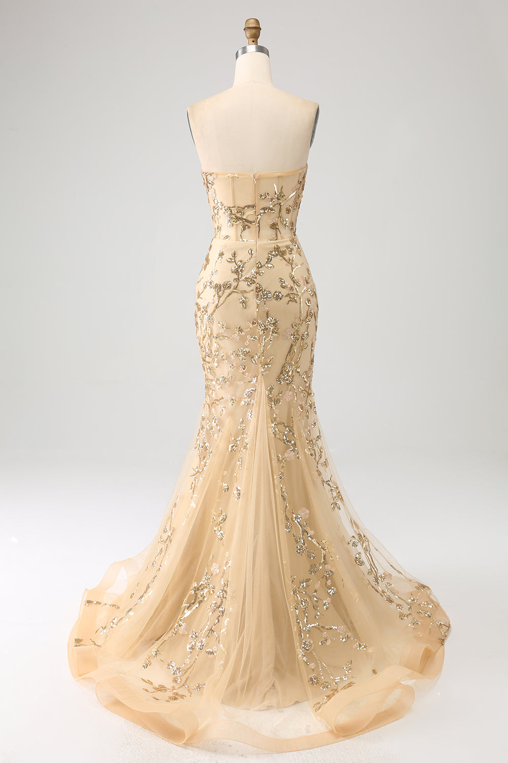 Luolandi Champagne Mermaid Strapless Sparkly Sequins Corset Prom Dress Off Shoulder
